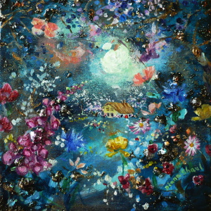 Under a full moon, a little cottage is nestled amongst the flowers in this original painting.