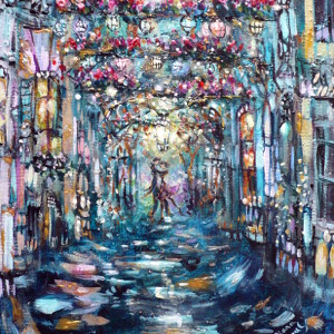 Under a midnight-blue sky, on a narrow street decorated with flowers and lanterns, a young couple embrace. Original painting.