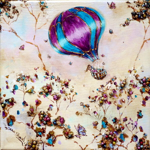 Original painting of a young couple embracing in a hot-air balloon, butterflies all around them.