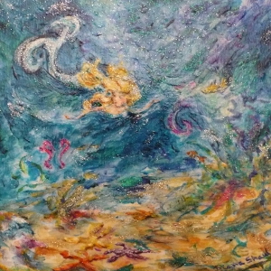 Original painting of a mermaid swimming through her glittering underwater world.