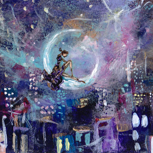 A young woman sits on a crescent moon and watches over the city below her in this original painting.