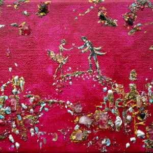 Against a magenta background, a young couple meet on a bridge that appears to be made from jewels. Original painting.