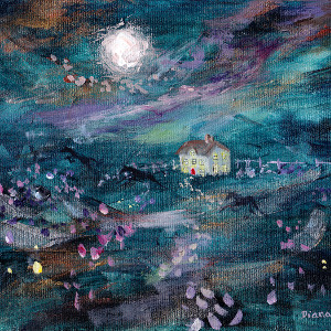 Under a full moon in a midnight-blue sky, the shadows of three horses cross fields in front of a cottage. Original painting.