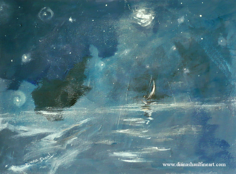 Original painting of a sailboat on the horizon, under a wide sky lit by a bright moon and lots of stars.