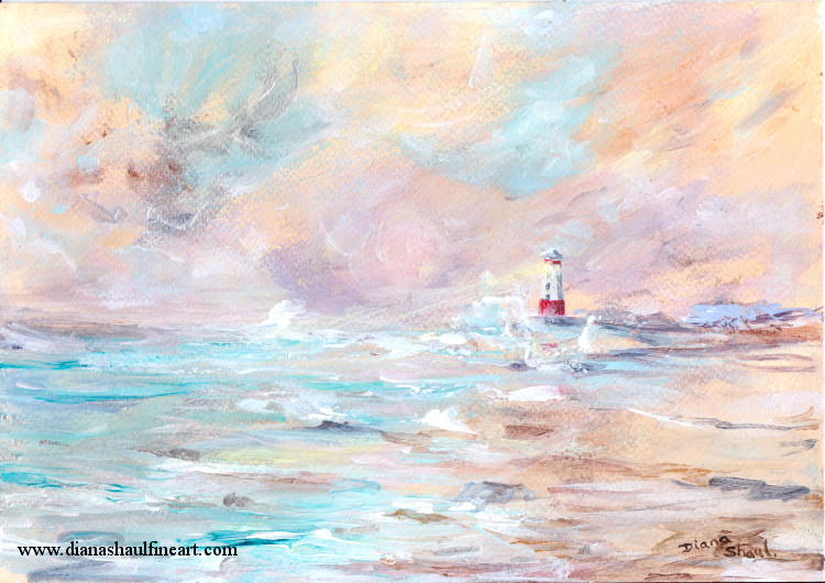 Original painting of the coast in gold tones, featuring a red and white lighthouse.