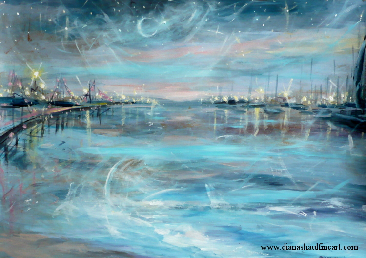 Original painting of a harbour view by night, filled with light.