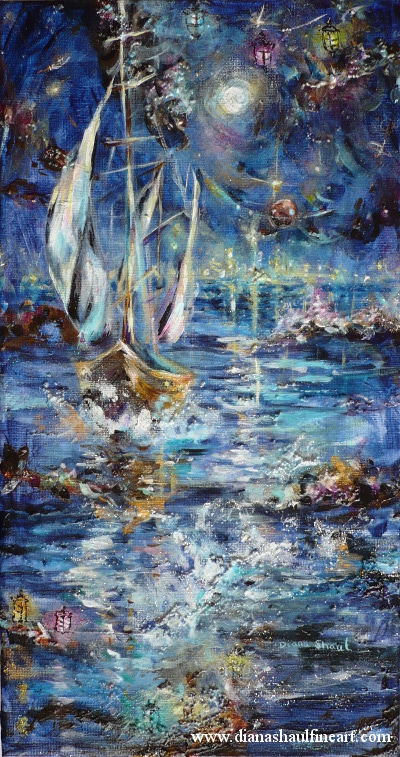 A ship heads towards unfamiliar land, under unfamiliar stars. Original painting.