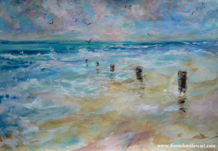 Original acrylic depicting an empty beach at dawn, seagulls overhead.