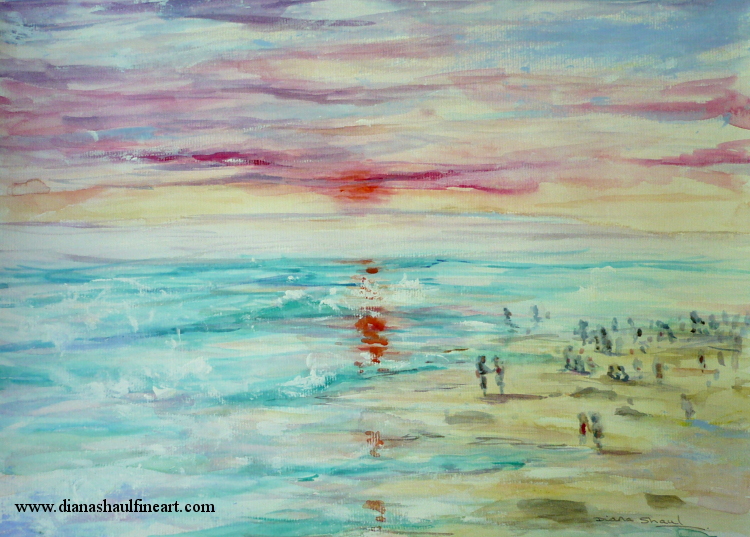 Original painting depicting small figures on the beach as the sun sets.