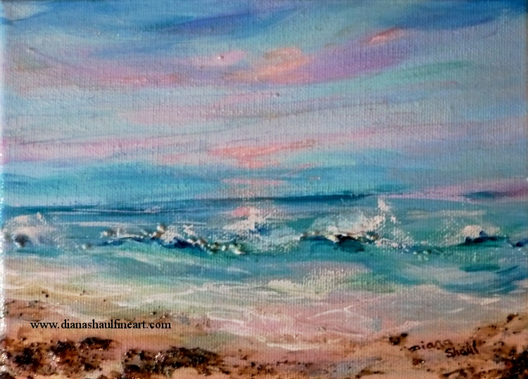 Original seascape depicting a soft pink sunrise over the ocean.