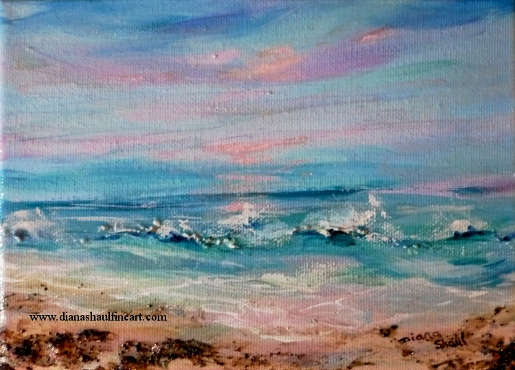Original seascape depicting a soft pink sunrise over the ocean.