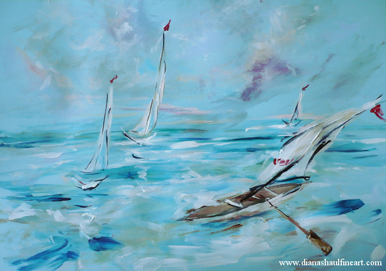 Original painting featuring a boat with a sail and oars the water's edge.