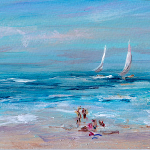 Original painting (acrylic on paper) of a seaside scene, people dotting the shore and a surfer and sailboats on the waves.