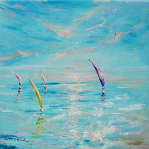 Original painting of brightly coloured sails on a wide open sea.