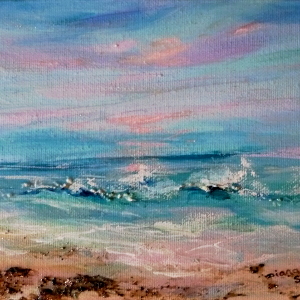 Original seascape depicting a soft pink sunrise over the ocean.