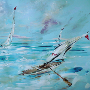 Original painting featuring a boat with a sail and oars the water's edge.