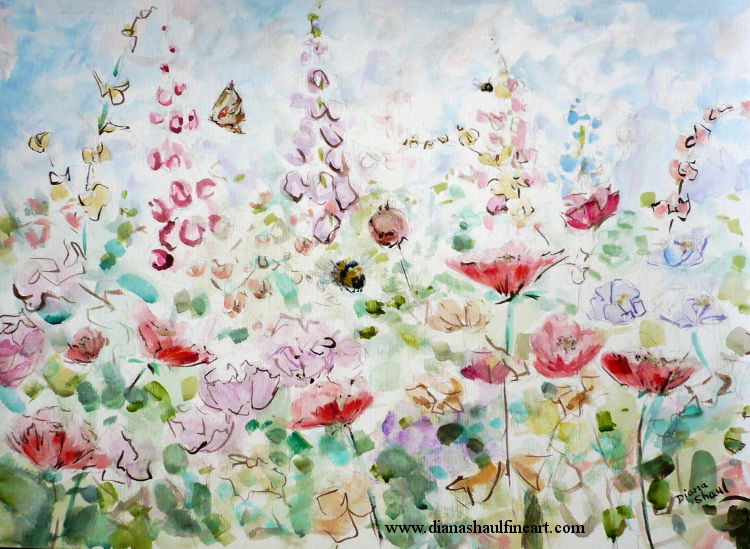 Original painting of a beautiful meadow on a summer day, with wildflowers, bees and butterflies.