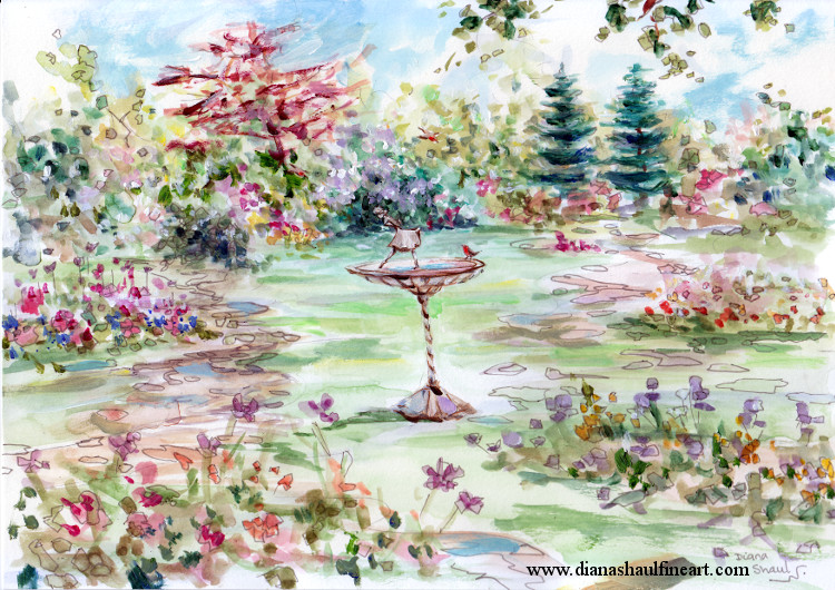 At the centre of this beautiful garden, a robin has alighted on the central fountain that features a ballerina statue. Original painting.