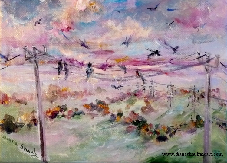 An autumn landscape featuring a streaky sunset and birds taking their places on telephone wires.