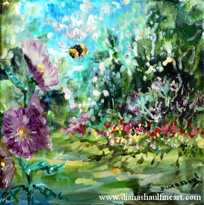 Close-up mini landscape featuring a bee approaching summer flowers.