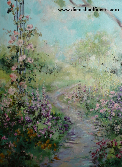 Original landscape depicting a path lined with trees and flowers after rainfall.
