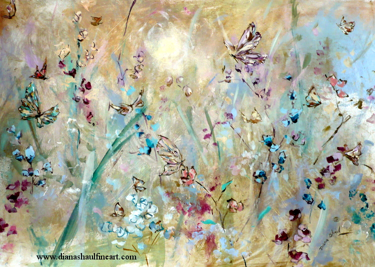 Original painting of butterflies in a meadow bathed in golden summer sunshine.
