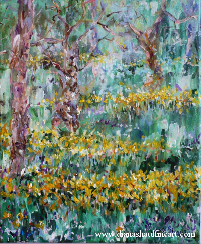 An uplifting landscape depicting daffodils in the sunshine, harbingers of spring.