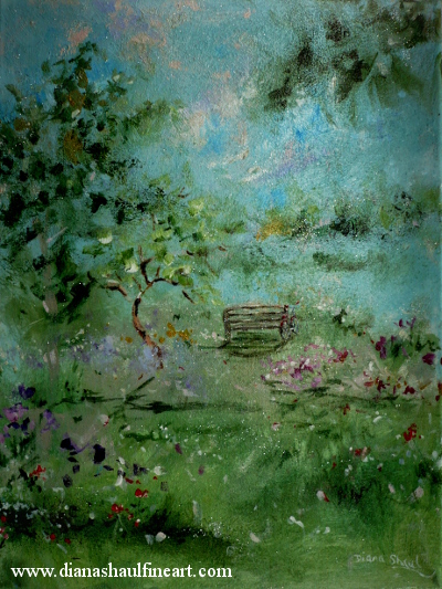 A peaceful summer landscape, a bench and bicycle at its centre.