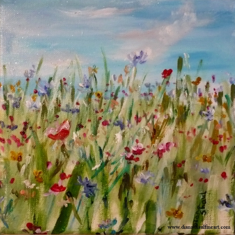 A meadow of flowers in shades of yellow, red and blue, a clear sky above.