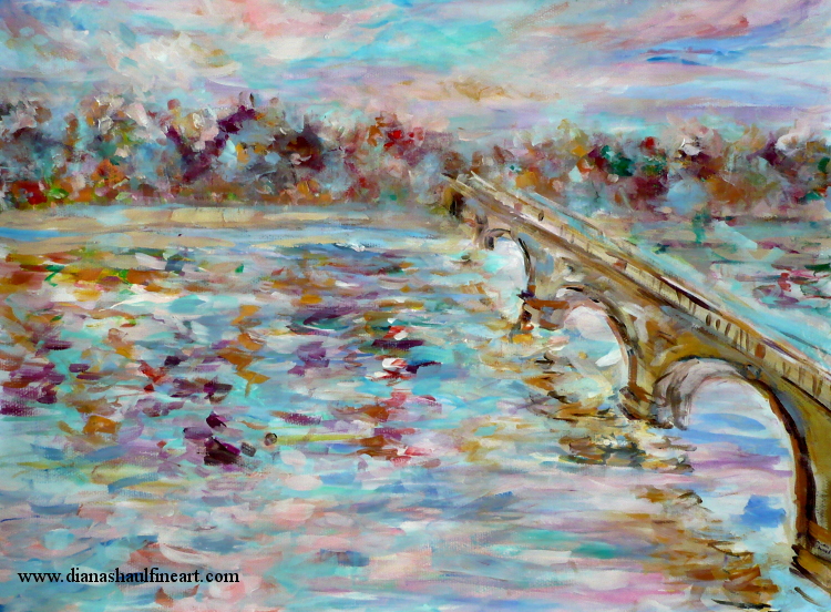 Original painting in rich, vivid colours of London's Serpentine Bridge in autumn.