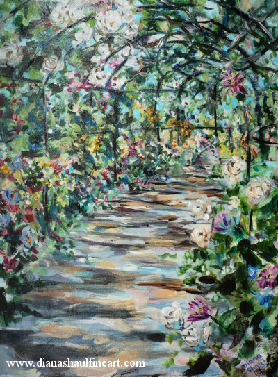 Painting of a rose arbour at the height of summer.