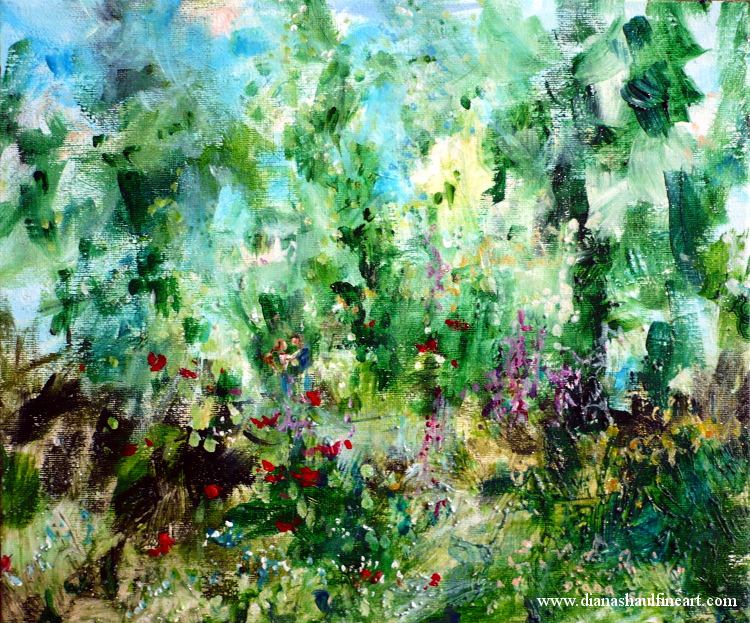 Mixed media painting of a couple embracing in a beautiful garden.