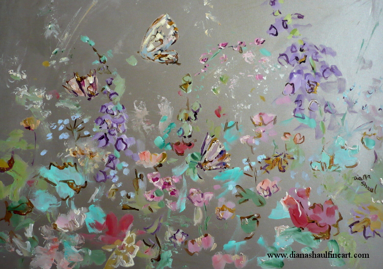 Original painting of a beautiful butterfly meadow created on a silver-coloured background.