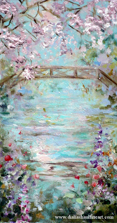 A wooden bridge spans a small pond in this springtime scene. Original painting.