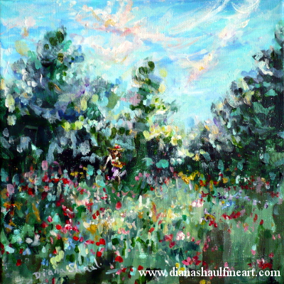 Impressionist-style painting of a woman with flower basket walking across a meadow.