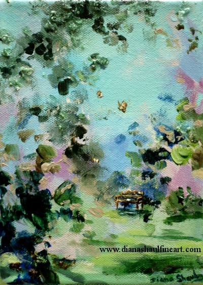 A mini landscape painting featuring a little bench and golden butterflies.