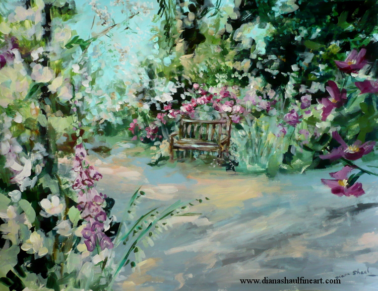 Original painting of a summer garden featuring a wooden bench and flowers.