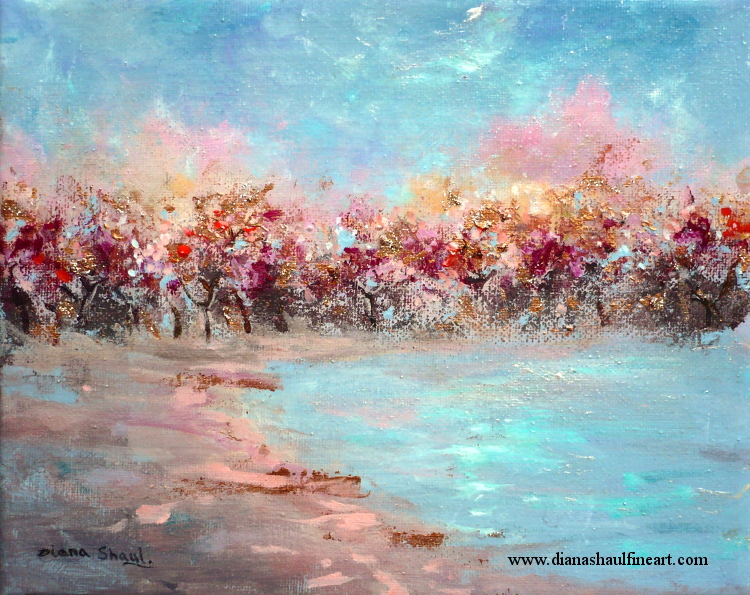A calming landscape painting in rich colours of autumn trees at the water's edge.