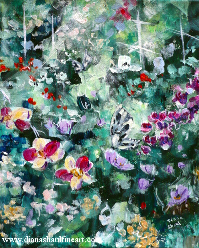 An original painting of an orchid house with butterflies.