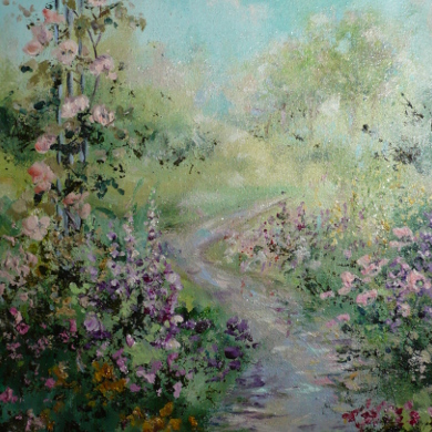 Original landscape depicting a path lined with trees and flowers after rainfall.