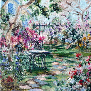 Original painting of a garden filled with summer flowers, with a wrought iron table and chair to the left of the central path.