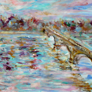 Original painting in rich, vivid colours of London's Serpentine Bridge in autumn.