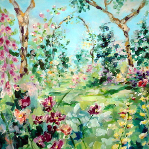 Original painting of a garden full of flowers, with an arbour of roses yet to bloom.