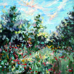 Impressionist-style painting of a woman with flower basket walking across a meadow.