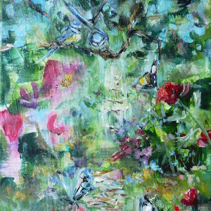 Birds, butterflies, poppies and a fountain in an original landscape painting.