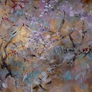 Original painting of wild pink blossom trees against a gold-coloured backdrop.