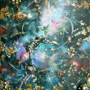 Wings – original painting (a small golden figure spreads her wings against a beautiful night sky) in acrylic and mixed media.